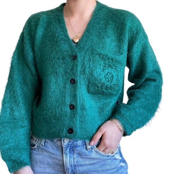 Vintage 80s Womens Esprit Emerald Green Mohair Fluffy Cropped Fuzzy Cardigan S - Picture 1 of 9